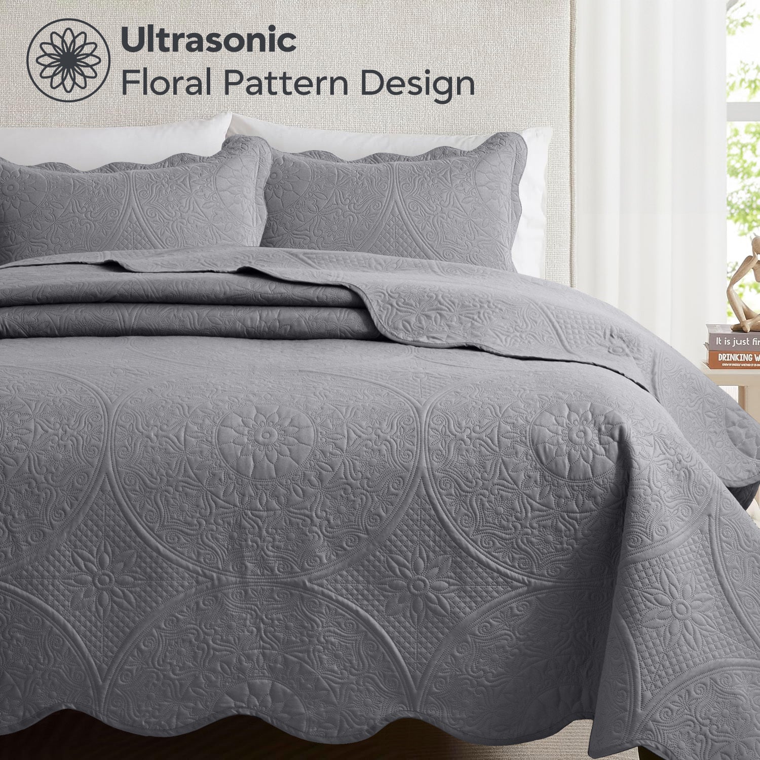 3pcs Luxury Quilted Bedspread Set – Oversize Quilt Coverlet Soft & Cozy Floral Bedspread with Pillow Shams, Breathable Lightweight for Bedroom & Guest Room Decor