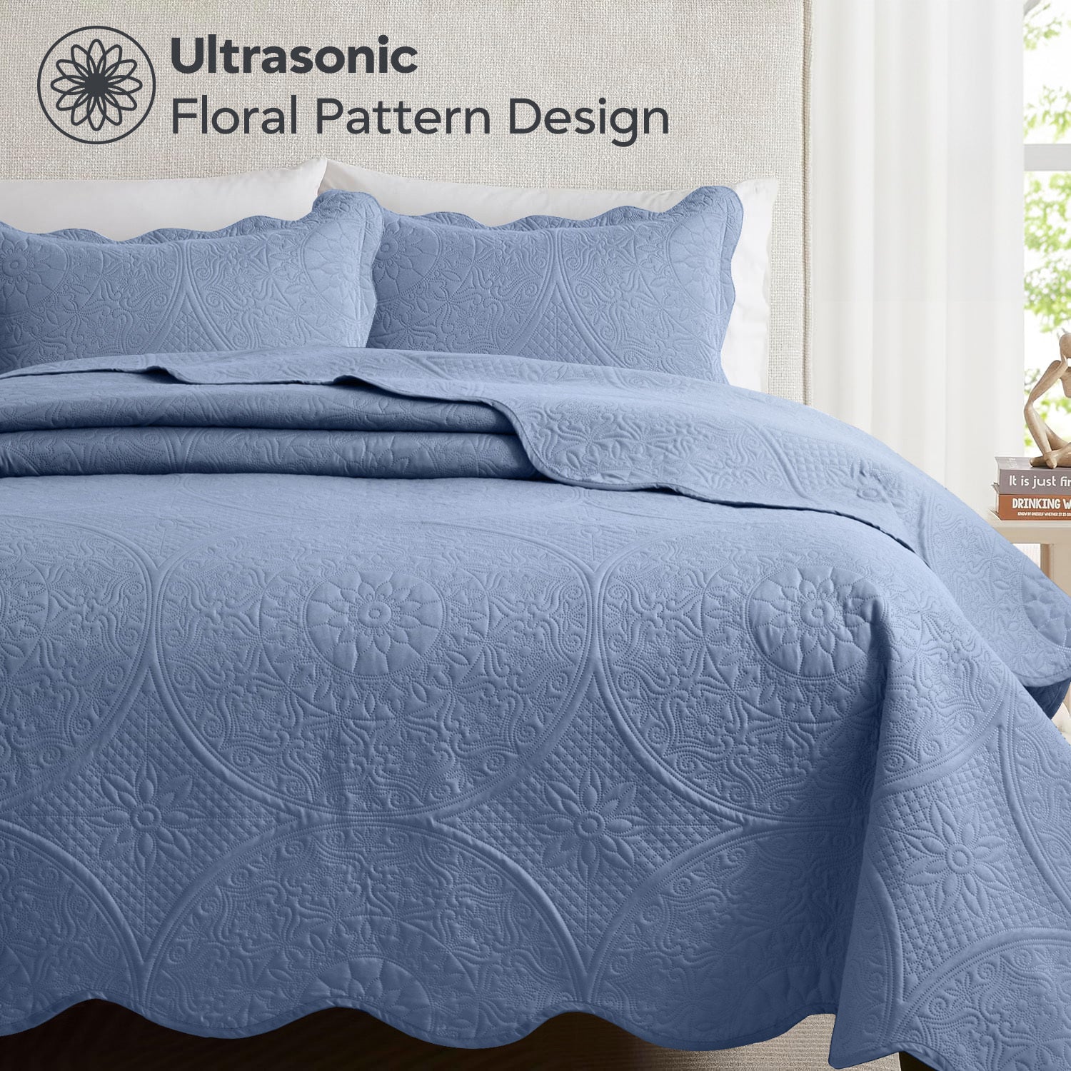 3pcs Luxury Quilted Bedspread Set – Oversize Quilt Coverlet Soft & Cozy Floral Bedspread with Pillow Shams, Breathable Lightweight for Bedroom & Guest Room Decor