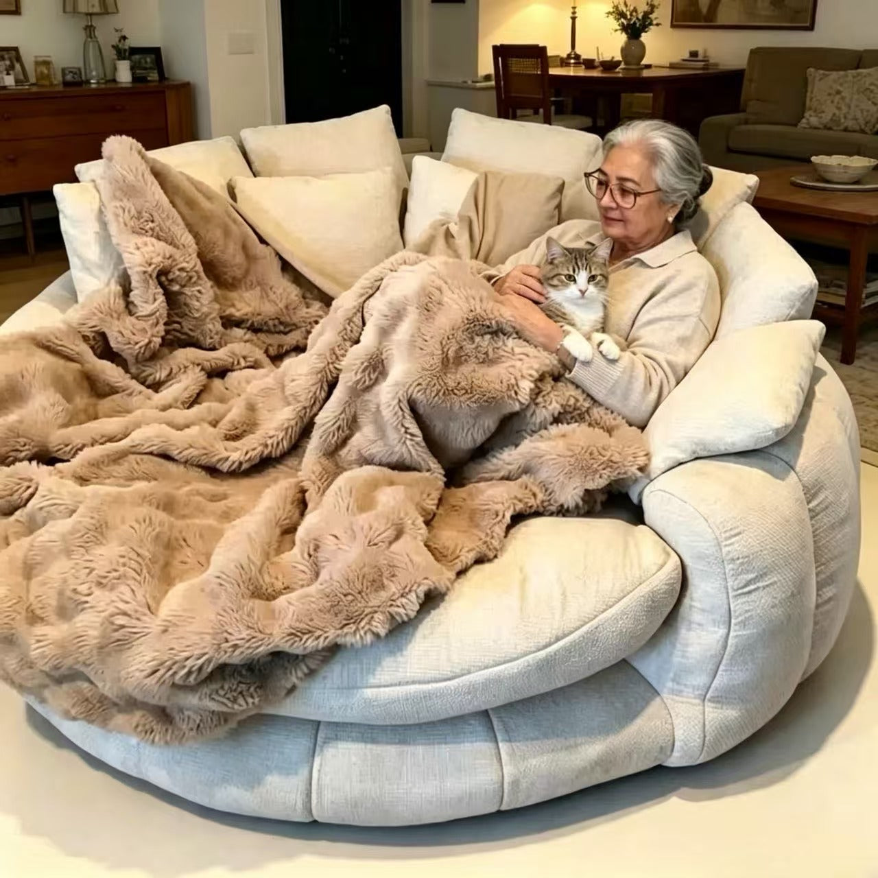 ☁️ Oversized Round Cloud Lounge Sofa Chenille Boneless Curved Couch