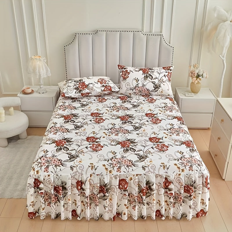 3pcs Premium Floral Pattern Bed Skirt, Bedding, Soft and Breathable Sheet, Y Luxurious Fabric, Perfectly Fits Hair and Skin, Ruffled Skirt with Elastic Corner Bands, Comfortable Sleep, Suitable for Full/Queen Size Double Beds, Skin-Friendly