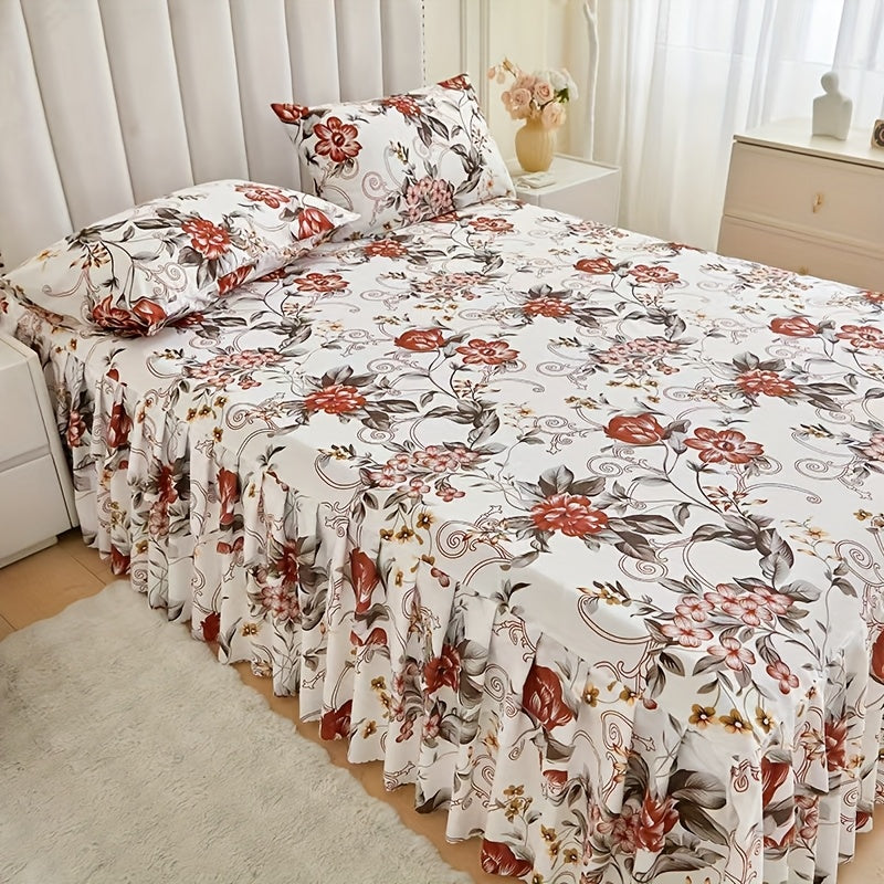 3pcs Premium Floral Pattern Bed Skirt, Bedding, Soft and Breathable Sheet, Y Luxurious Fabric, Perfectly Fits Hair and Skin, Ruffled Skirt with Elastic Corner Bands, Comfortable Sleep, Suitable for Full/Queen Size Double Beds, Skin-Friendly